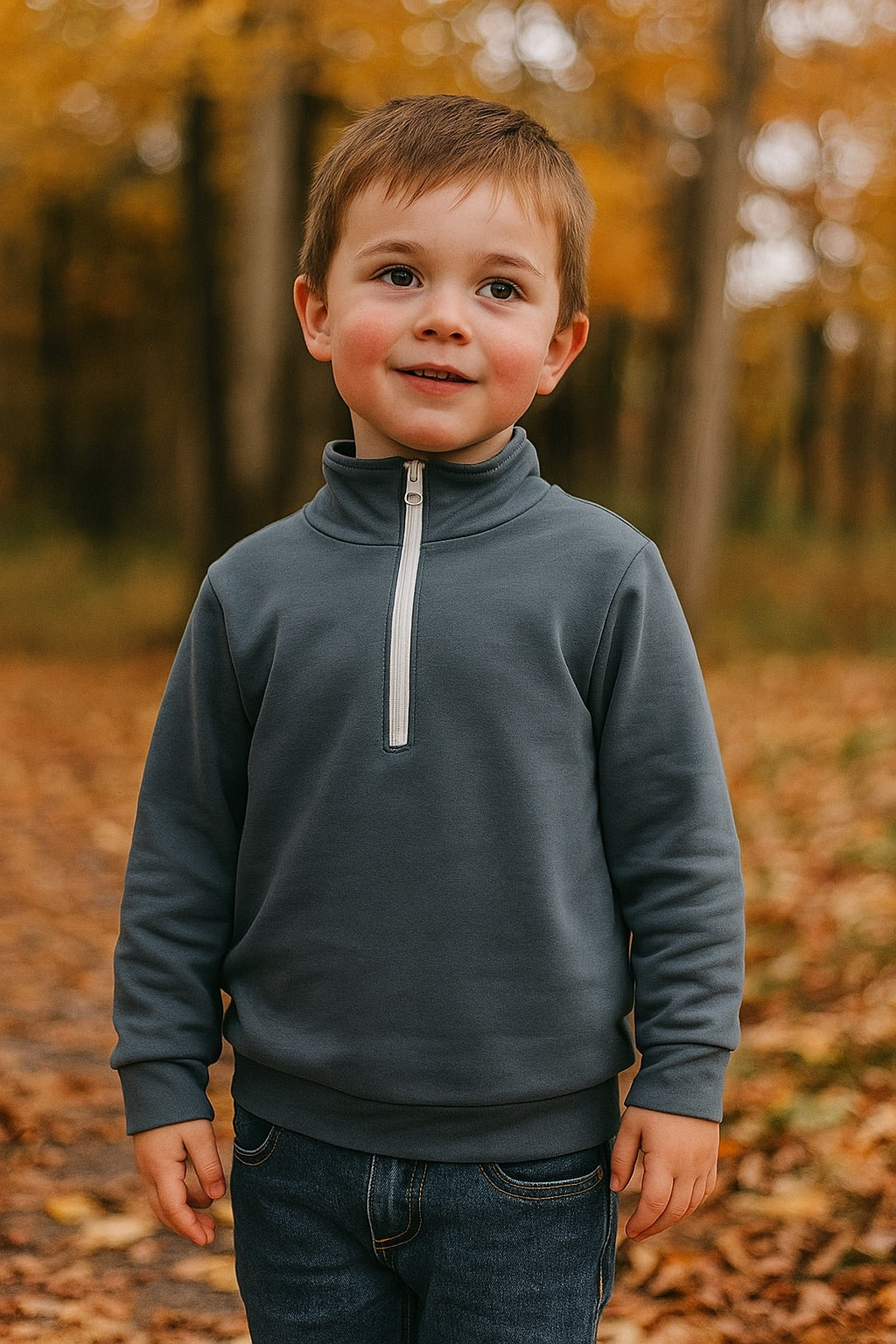 Navy Character Embroidery Zip pull Over