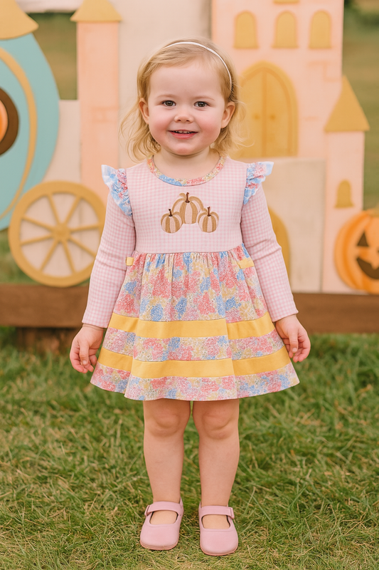 Pink Floral Pumpkin Embroidery Ruffle Bubble