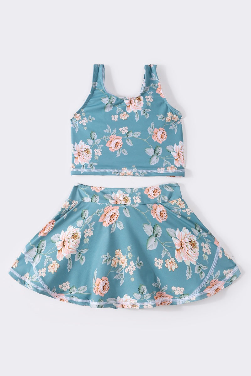 Teal Floral Print Girl 2Pc Swimsuit