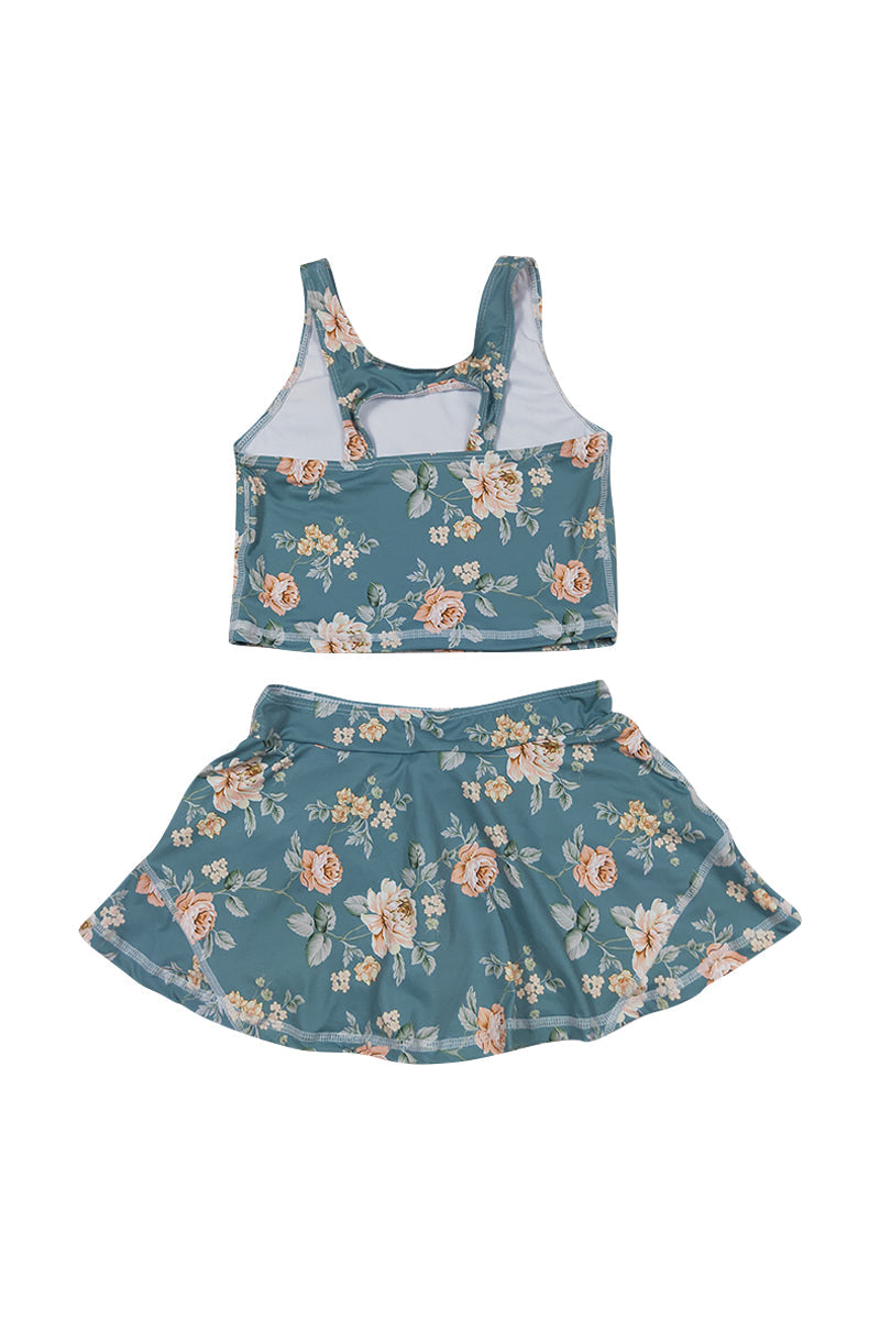 Teal Floral Print Girl 2Pc Swimsuit