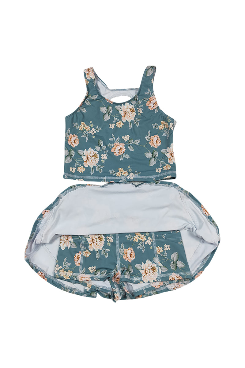 Teal Floral Print Girl 2Pc Swimsuit