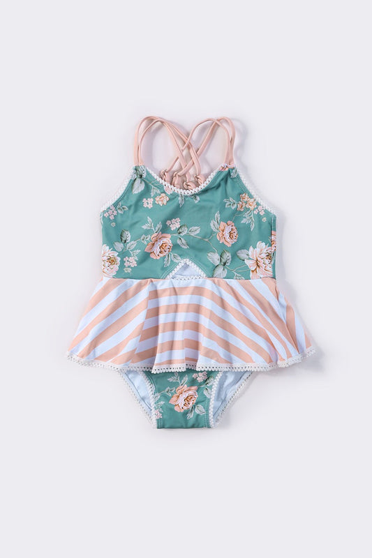 Teal Floral Print Girl One-Piece Swimsuit