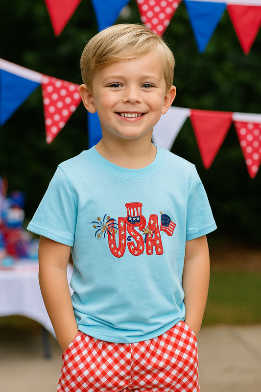 Blue Usa Flag Embroidery Shorts Set