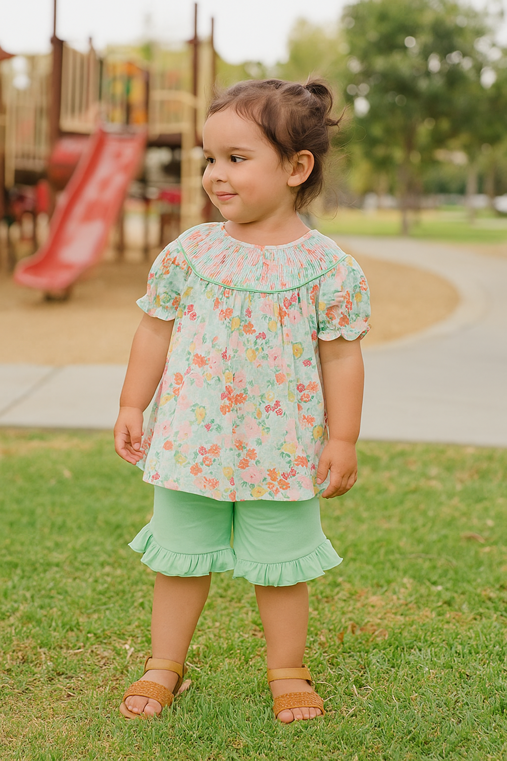Green Springtime Bloom Smocked Girl Set