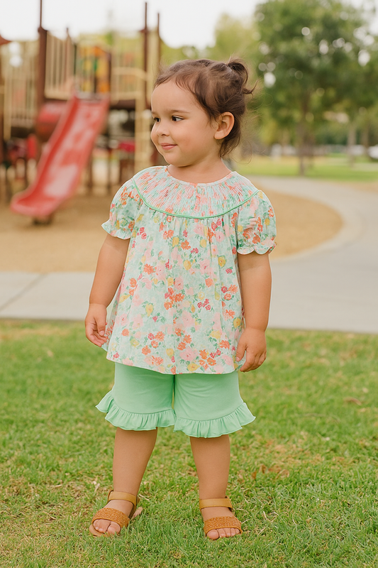 Green Springtime Bloom Smocked Girl Set
