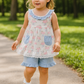 Blue Floral Bow Print Ruffle Shorts Set