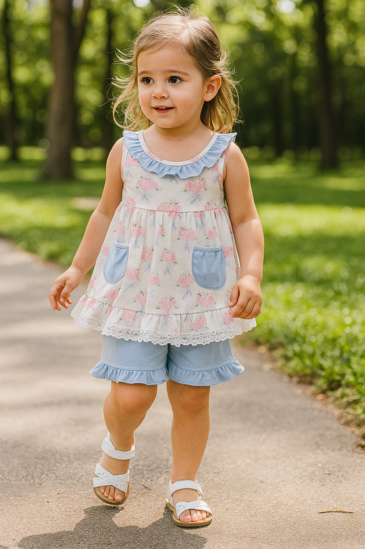 Blue Floral Bow Print Ruffle Shorts Set