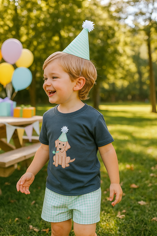 Navy Puppy Birthday Applique Boy Set