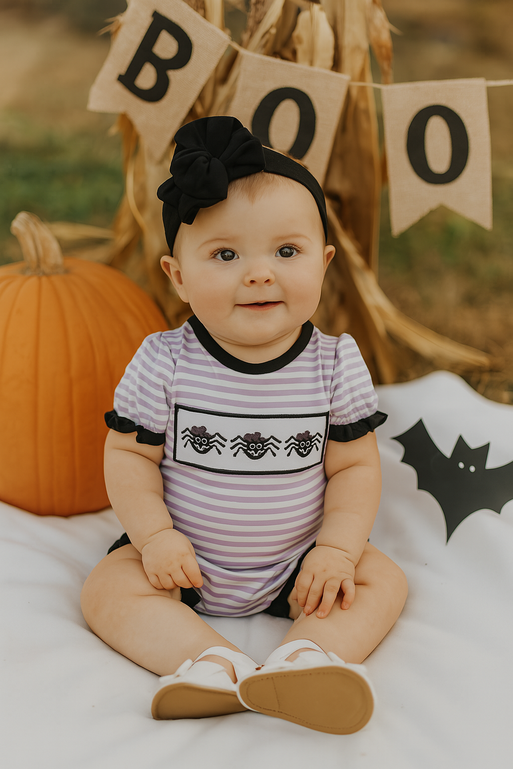 Purple Halloween Spider Embroidery Stripe Ruffle Bubble