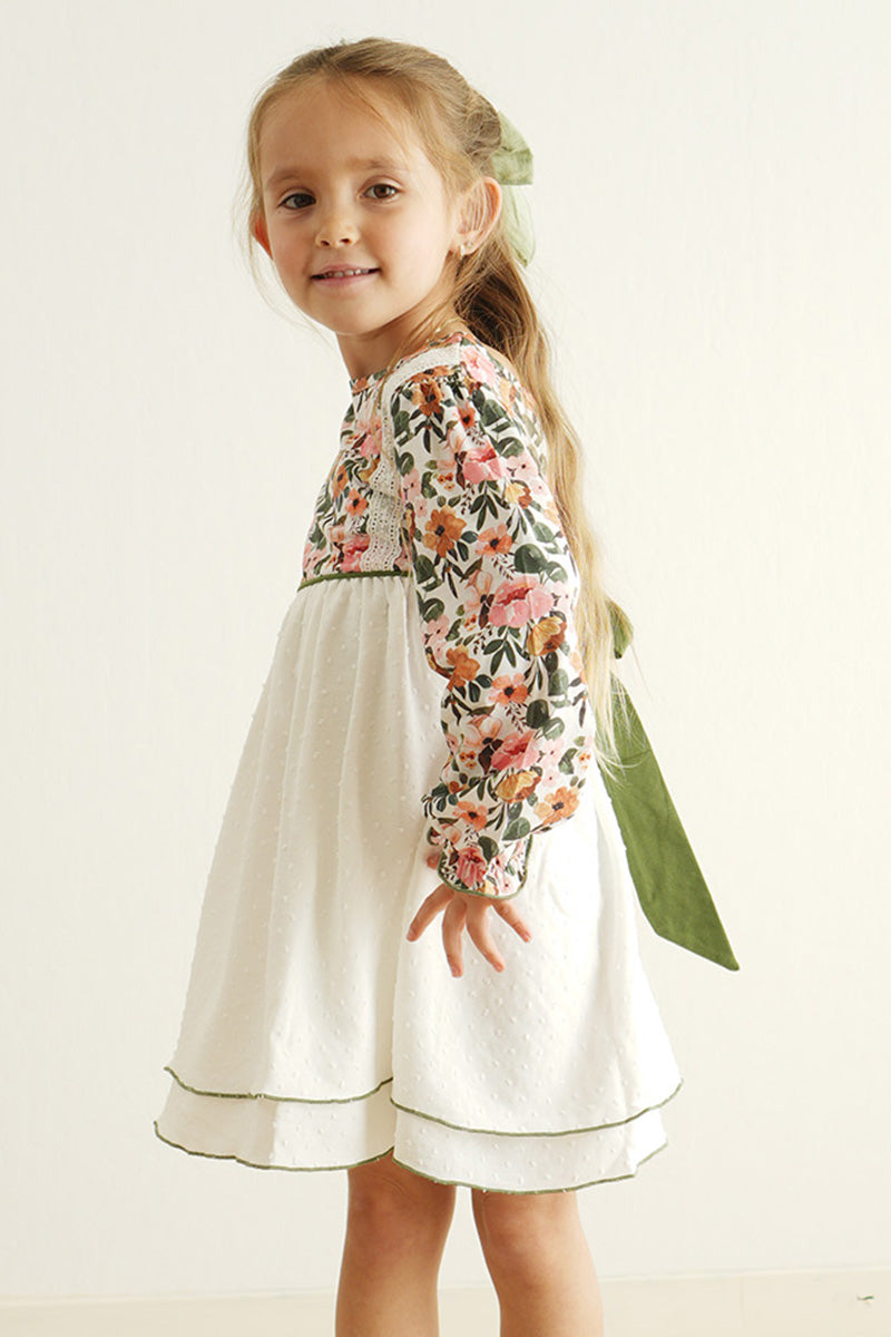 Premium Green Floral Print Swiss Dot Dress