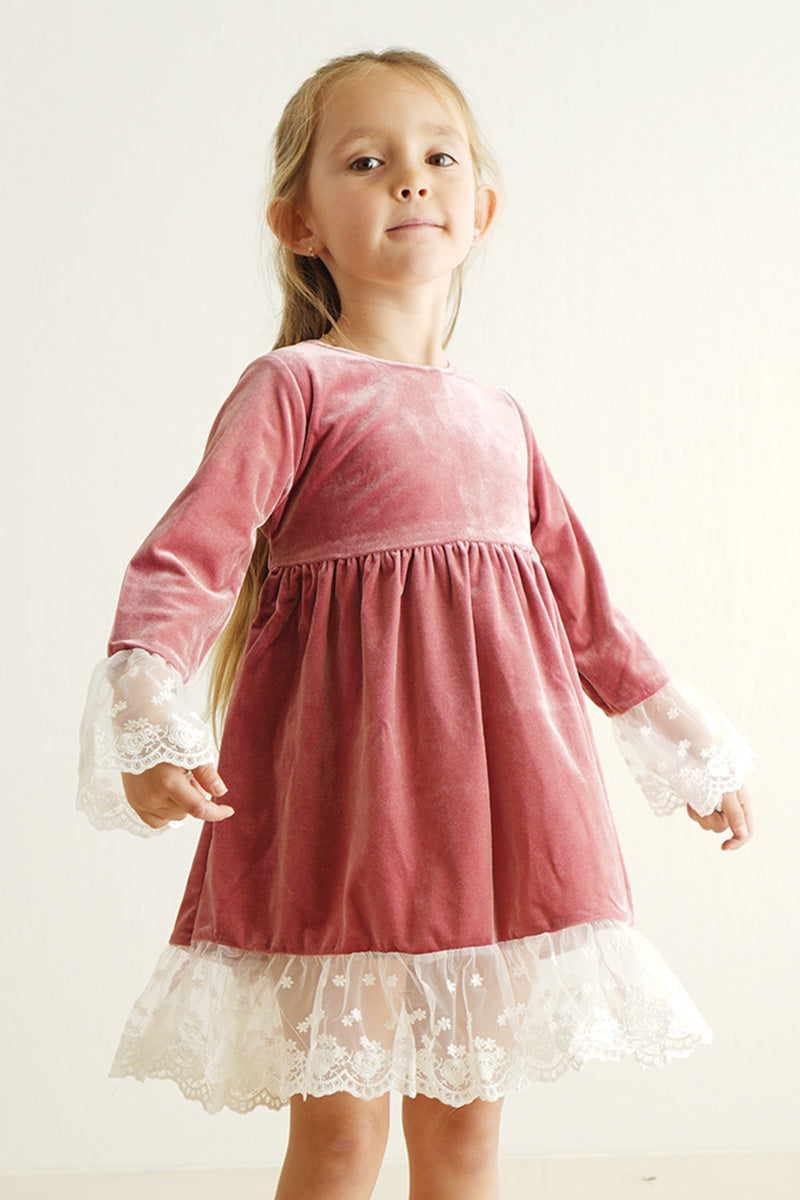 Premium Dusty Pink Velvet Lace Dress