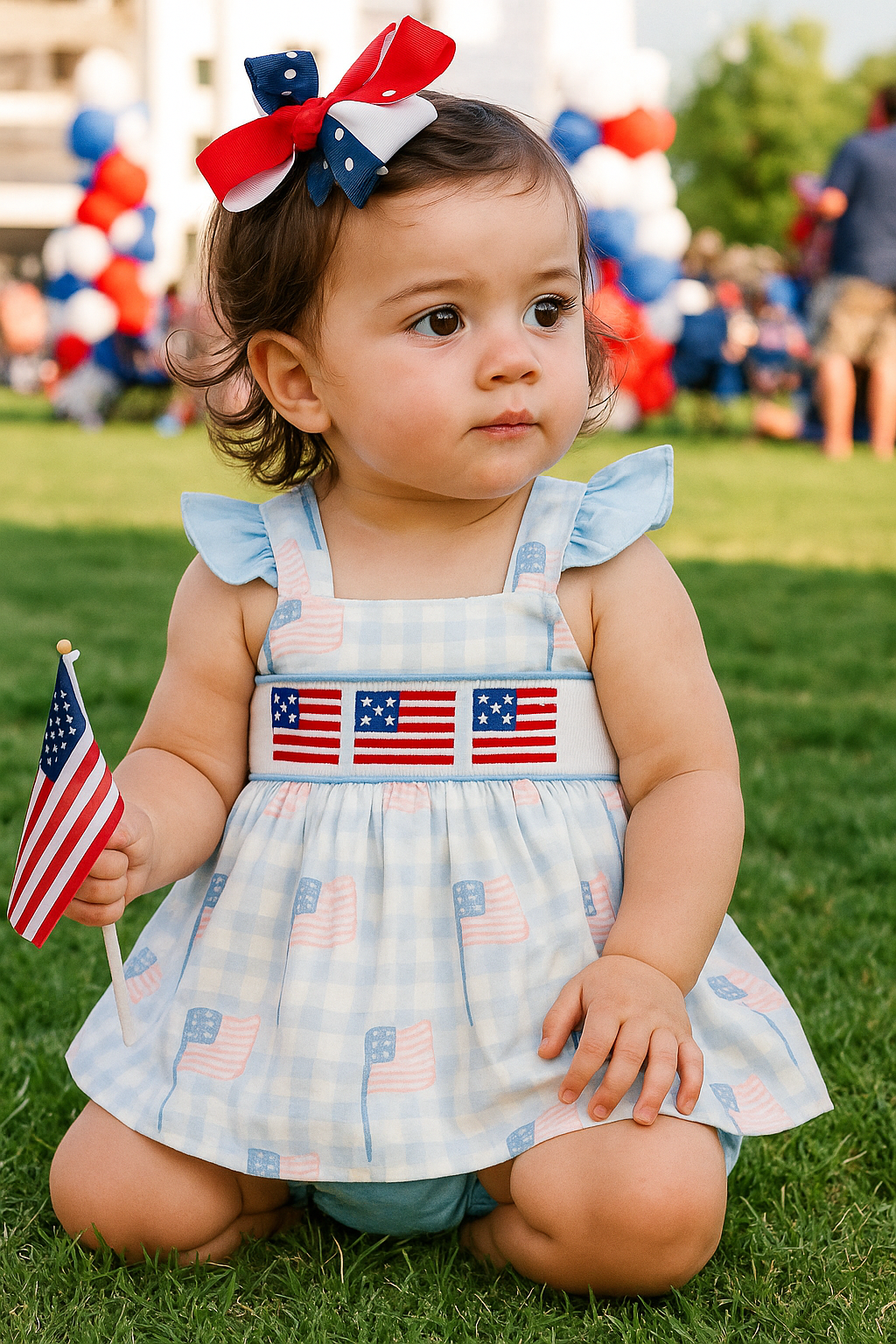 Blue Flag Embroidery Smocked Gingham Bloomer Set