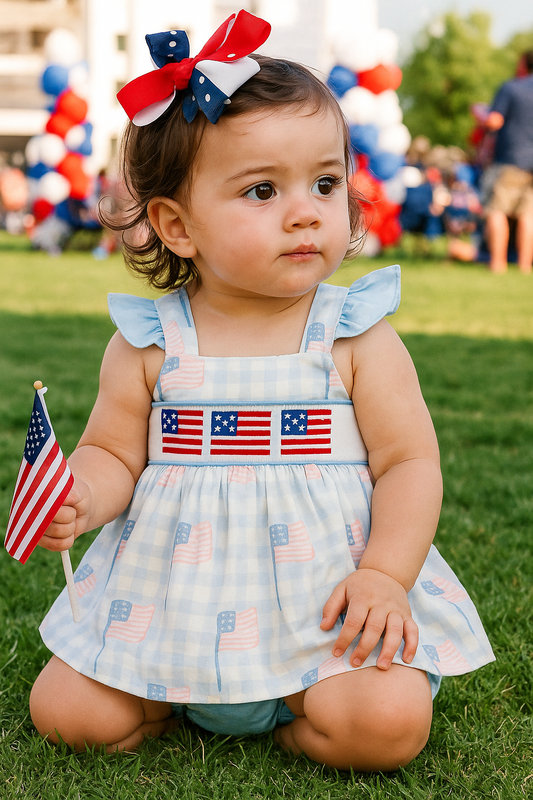 Blue Flag Embroidery Smocked Gingham Bloomer Set