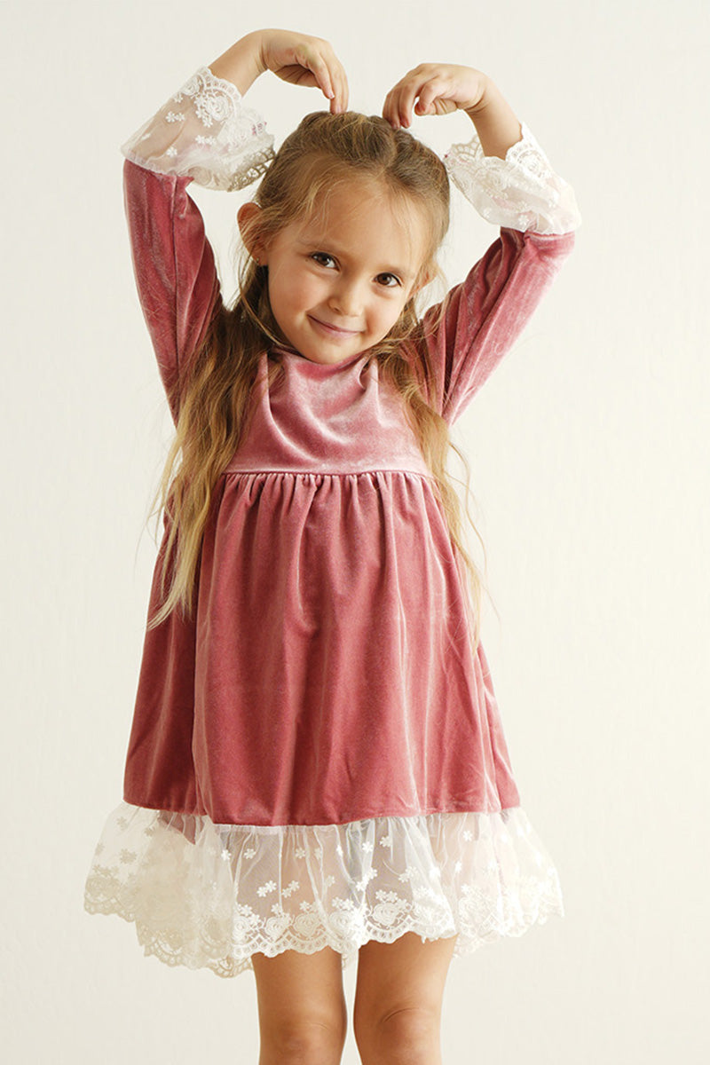 Premium Dusty Pink Velvet Lace Dress