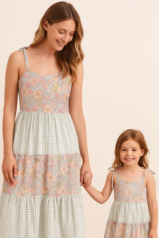 Sage Pastel Floral Harmony Mom&Me Gingham Dress
