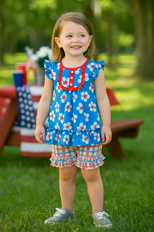 Platinum Blue & White Floral Print Ruffle Girl Set