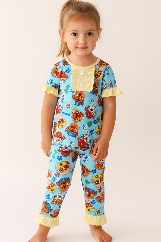 Blue Character Print Ruffle Pajamas Set