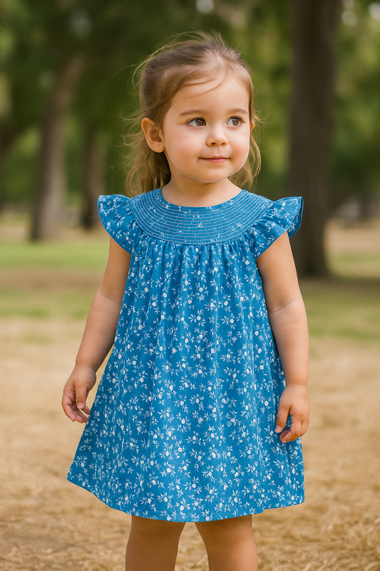 Blue Floral Print Smocked Dress