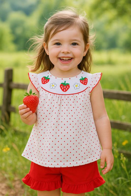 Red Dot Strawberry Embroidery Smocked Shorts Set