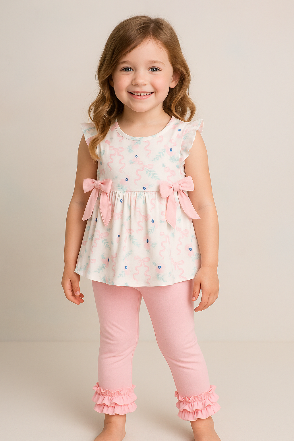 Pink Floral Bow Ruffle Pants Set