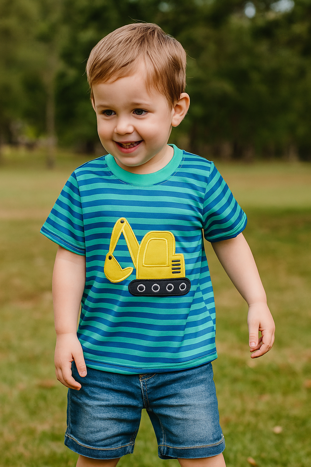 Teal Stripe Excavator Applique Top
