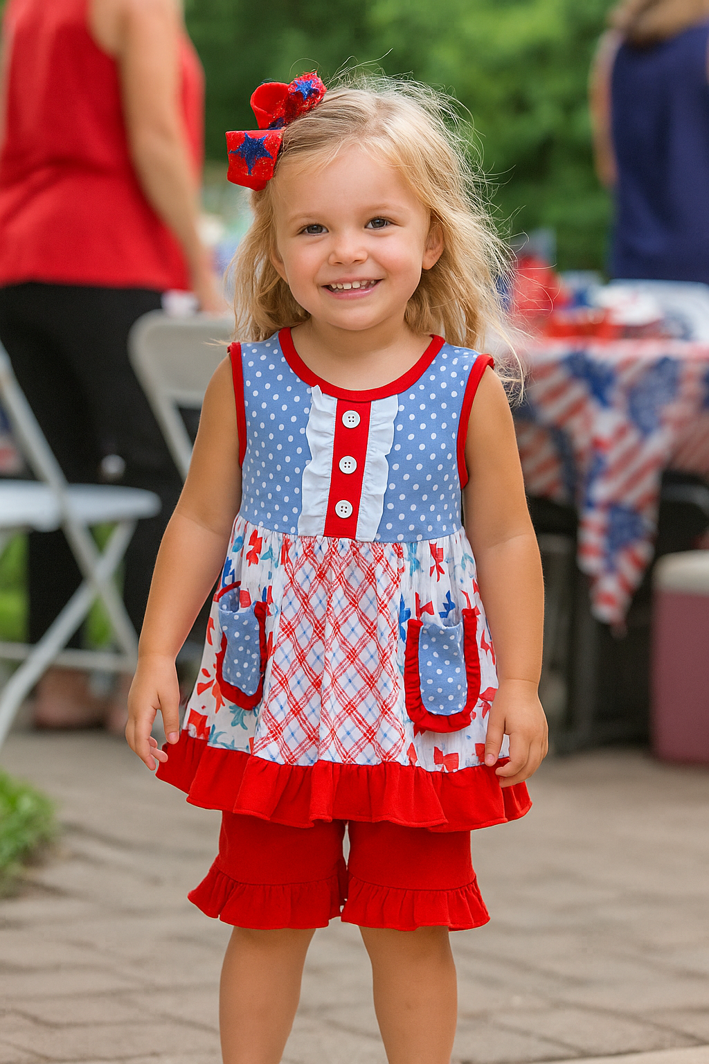 Blue Bow Print Ruffle Shorts Set