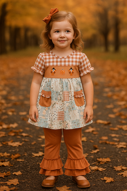 Fall Floral Print Turkey Pumpkin Embroidery Ruffle Pants Set