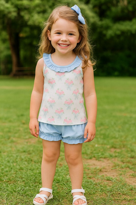 Blue Floral Bow Print Ruffle Bloomer Set