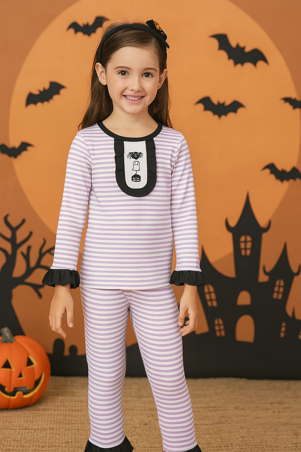 Purple Halloween Spider Embroidery Stripe Pants Set