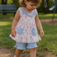 Blue Floral Bow Print Ruffle Shorts Set