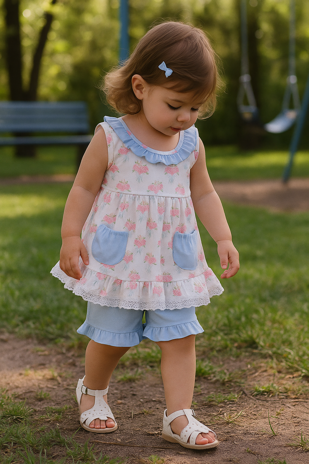 Blue Floral Bow Print Ruffle Shorts Set