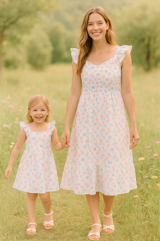 Blue Bow Lattice Print Mom & Me Dress
