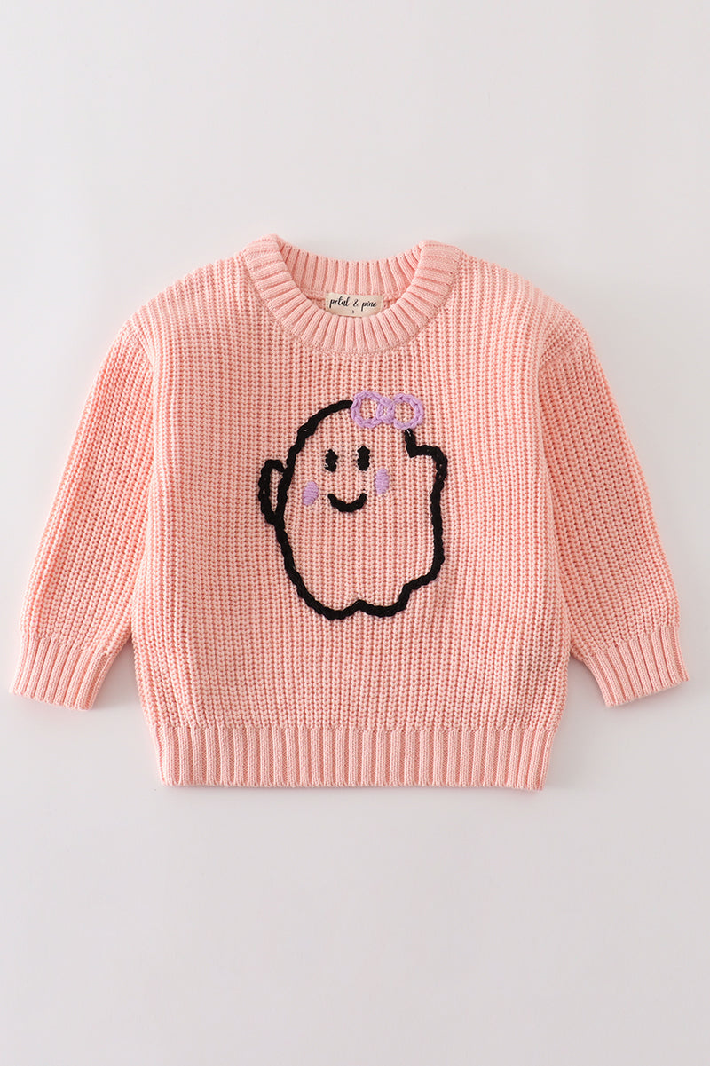 Pink Hand-Embroidery Ghost Pullover Sweater