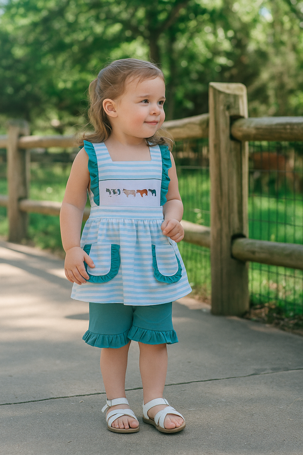 Blue Stripe Cow Embroidery Girl Set