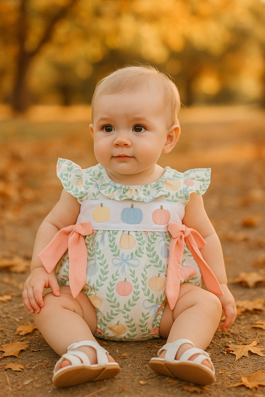 Green Bow Print Embroidery Ruffle Bubble