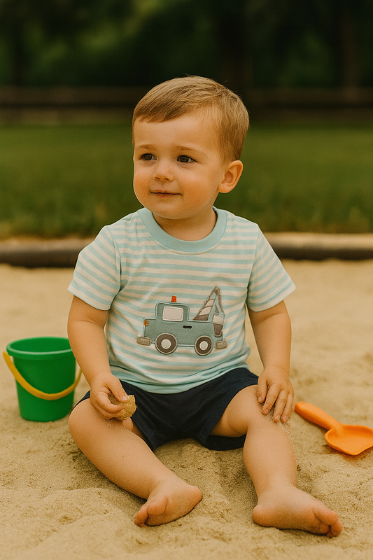 Blue Stripe Crane Truck Applique Top