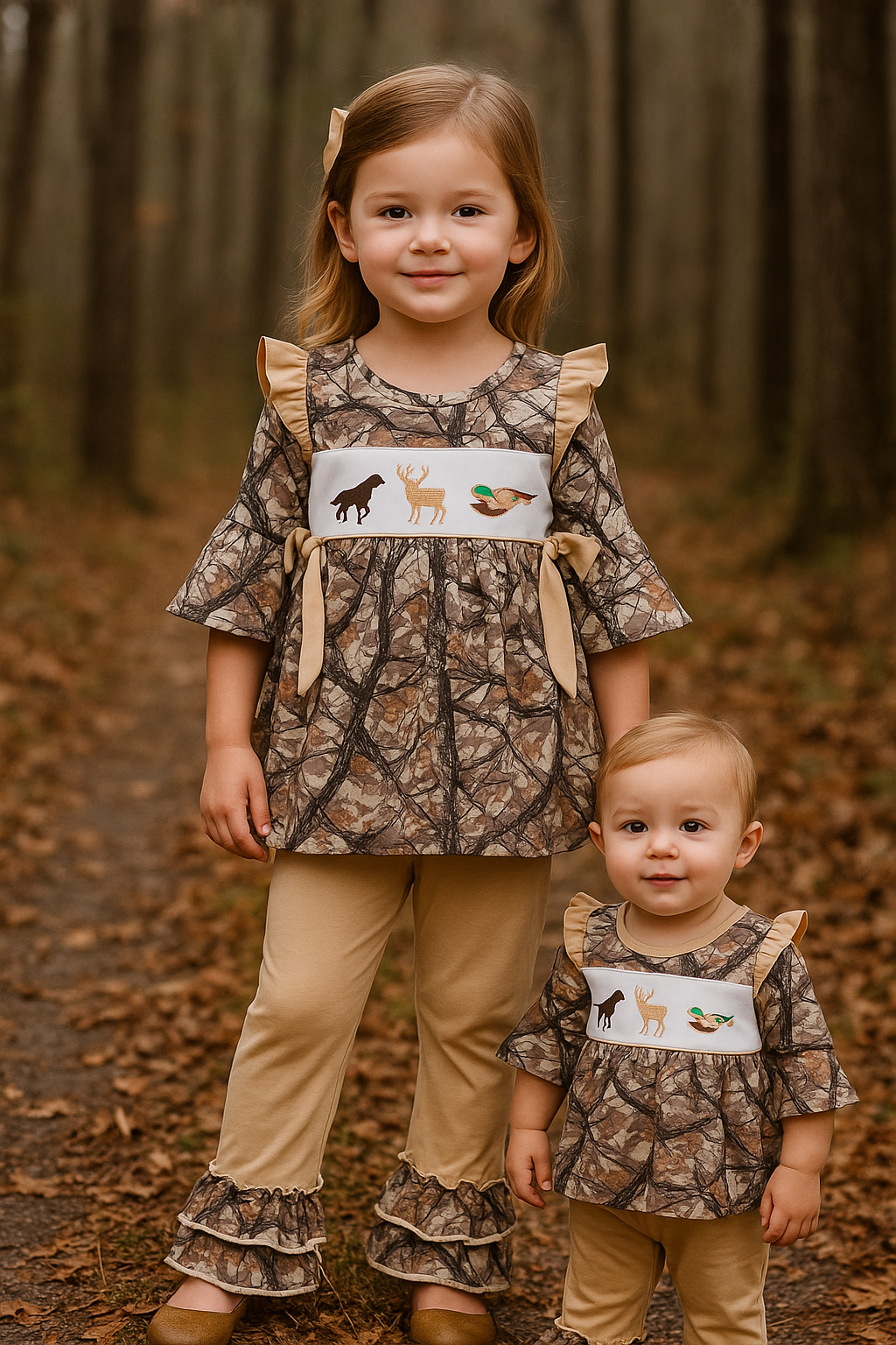 Hunting Dog Deer Duck Embroidery Ruffle Pants Set