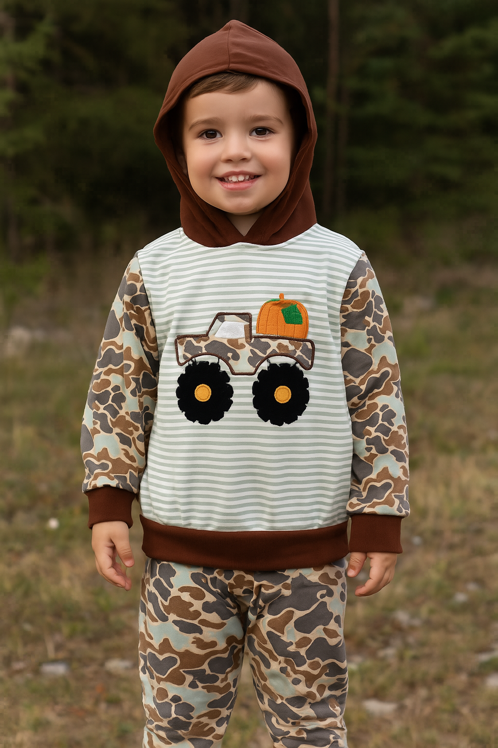 Camouflage Truck Pumpkin Applique Stripe Hoodie Set