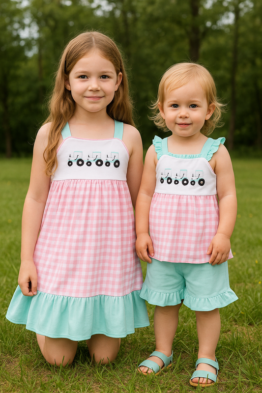 Pink Tractor Embroidery Plaid Dress