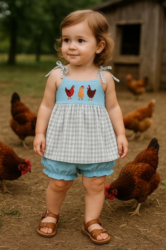 Blue Farm Chicken Embroidery Bloomer Set
