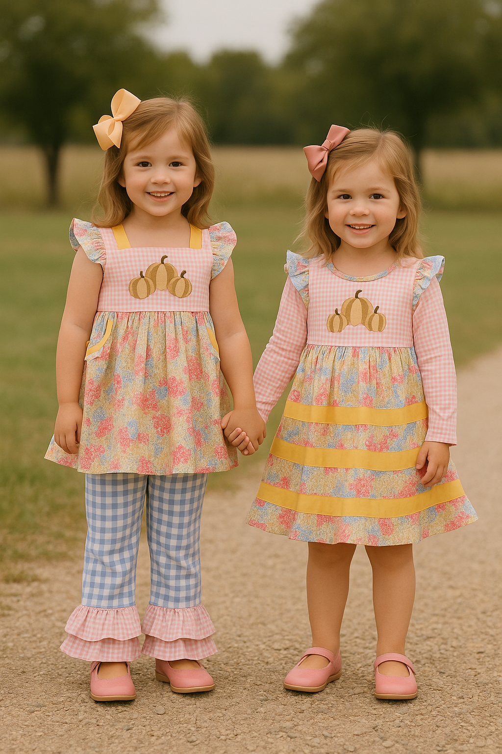 Pink Floral Pumpkin Embroidery Ruffle Pants Set