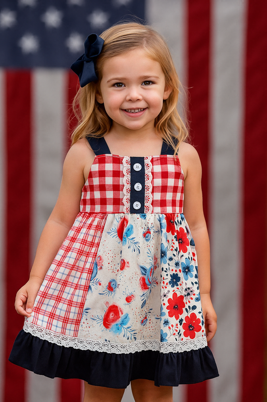 Red Floral Gingham Ruffle Dress