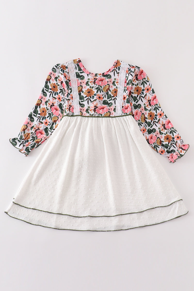 Premium Green Floral Print Swiss Dot Dress