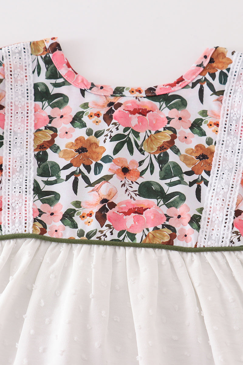 Premium Green Floral Print Swiss Dot Dress