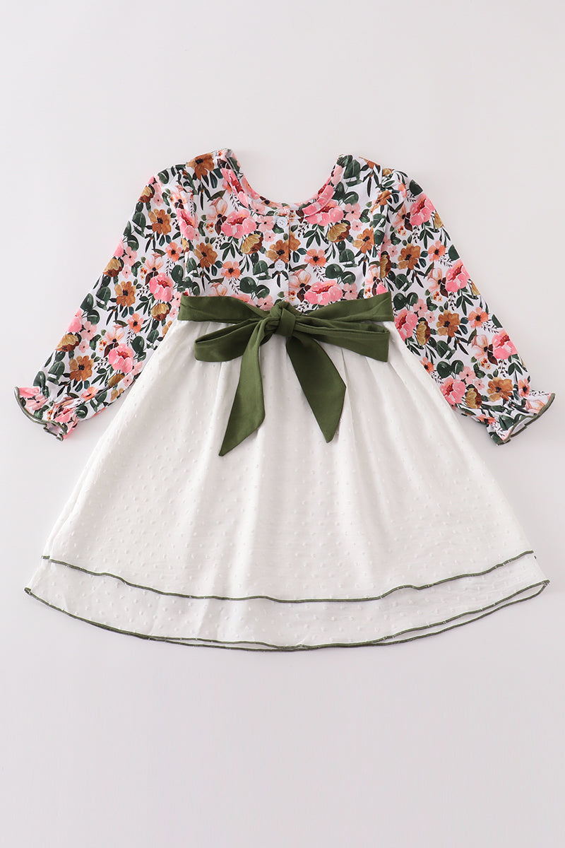 Premium Green Floral Print Swiss Dot Dress