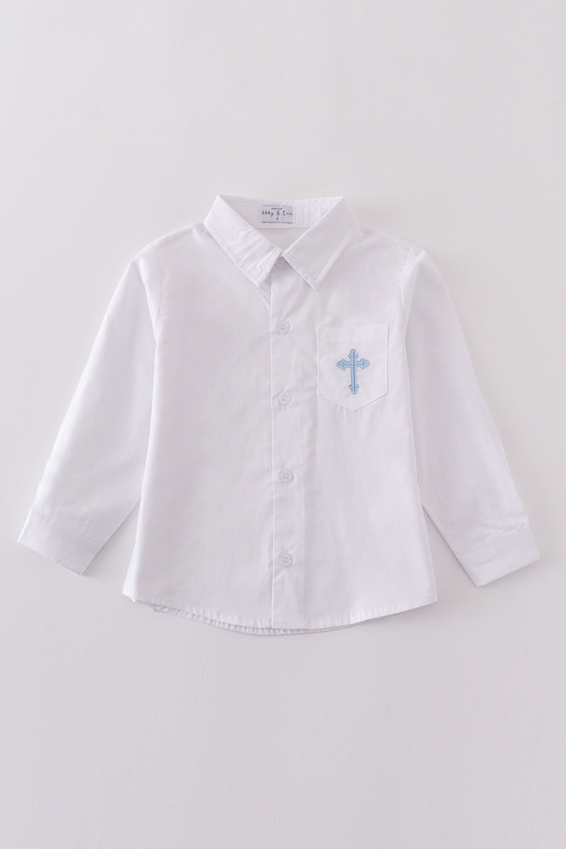 Premium Cross Embroidery Button Down Long Sleeve Shirt