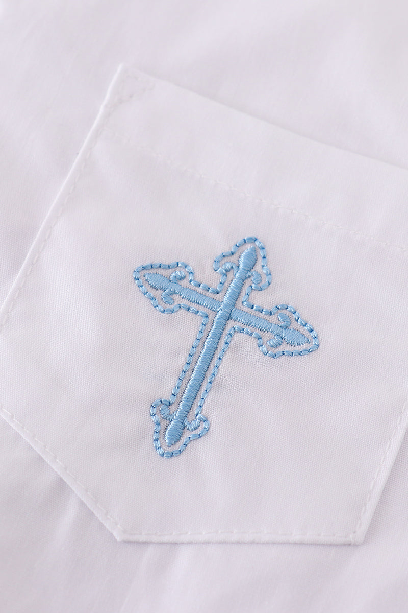 Premium Cross Embroidery Button Down Long Sleeve Shirt
