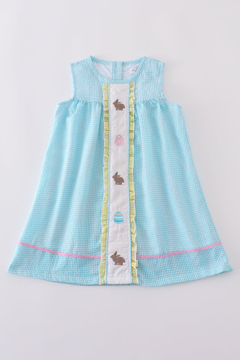 Premium Mint Bunny Egg Embroidery Gingham Dress