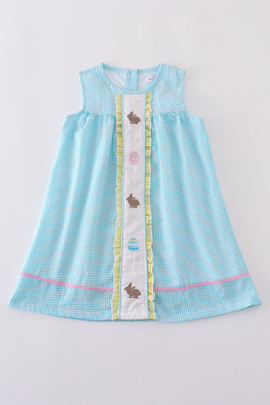 Premium Mint Bunny Egg Embroidery Gingham Dress