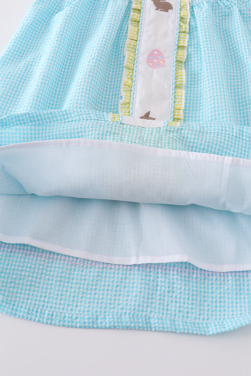 Premium Mint Bunny Egg Embroidery Gingham Dress